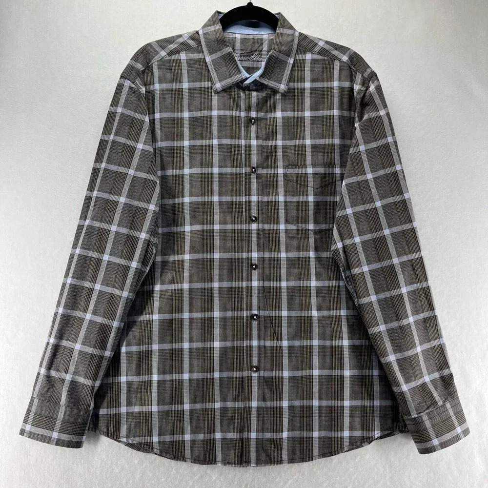 Tasso Elba Shirt Mens Sz L 16-16.5 Check Button Front Long Sleeve Cotton Brown